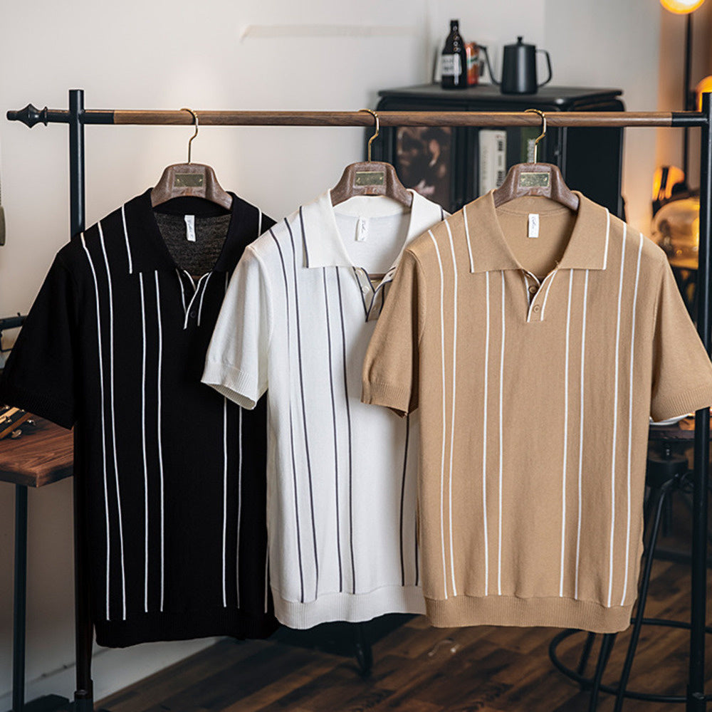 2025新款夏季冰絲針織polo衫男翻領短袖t恤男款休閒條紋上衣