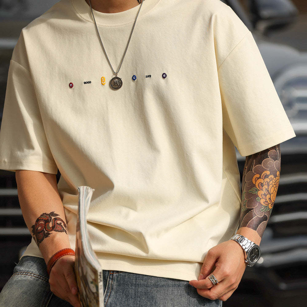 美式休閒刺繡短袖T恤男寬鬆簡約圓領親膚落肩袖打底TEE