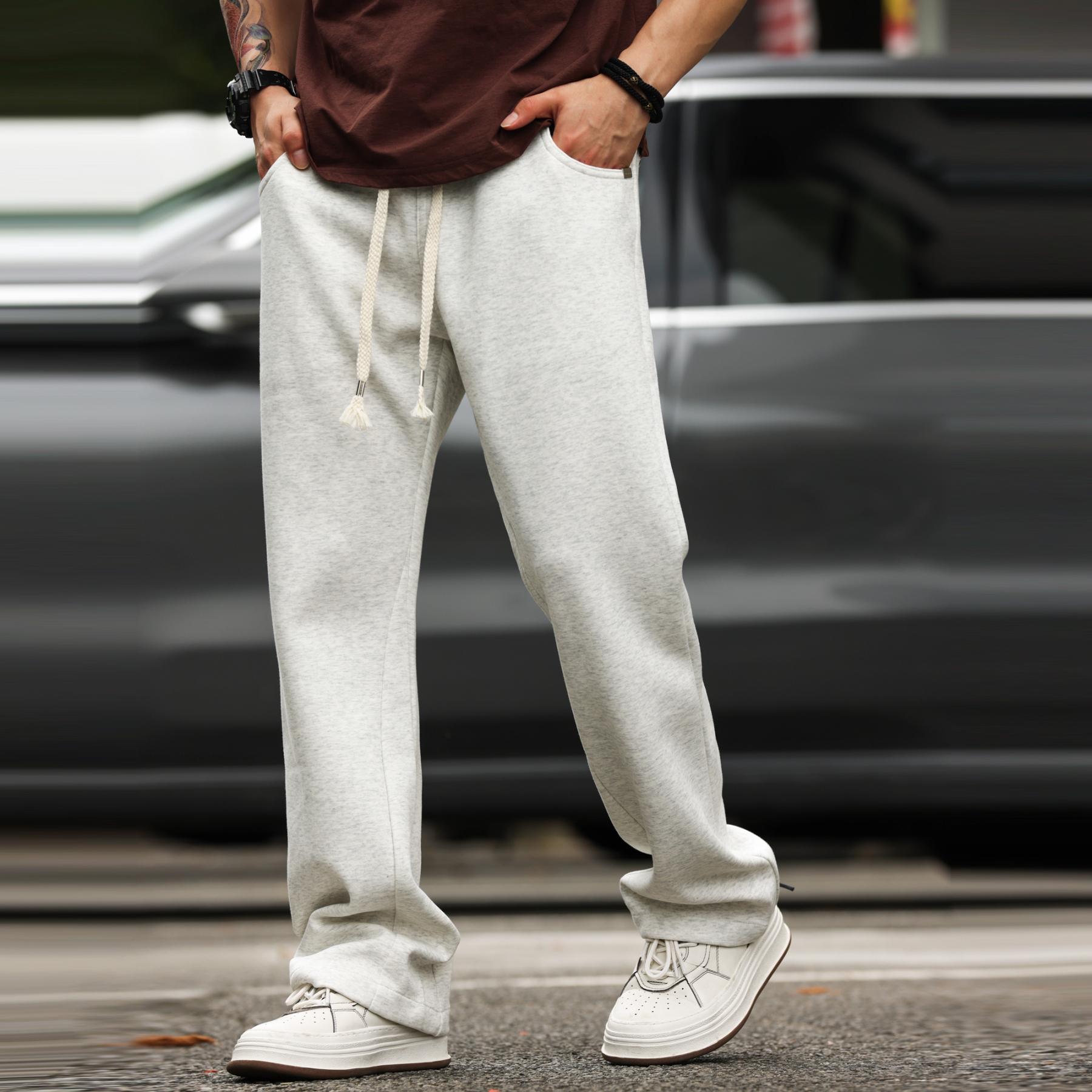 美式休閒簡約抽繩衛褲男抗皺重磅百搭垂感運動直筒褲子