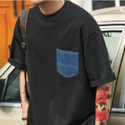 300g重磅精梳棉短袖T恤男美式休閒拼接牛仔口袋打底衫夏