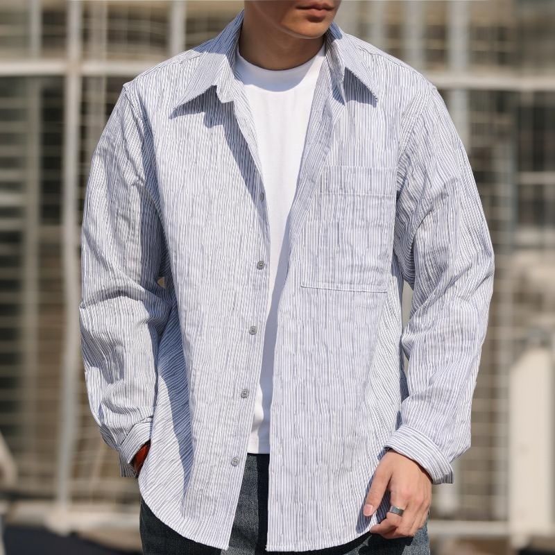 美式休閒褶皺提花紋理襯衫外套男斜後側開衩外搭襯衣春