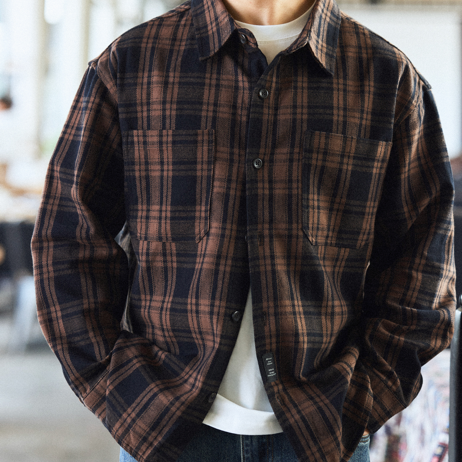 美式復古300g重磅格紋襯衫男純棉加厚磨毛長袖襯衣外套
