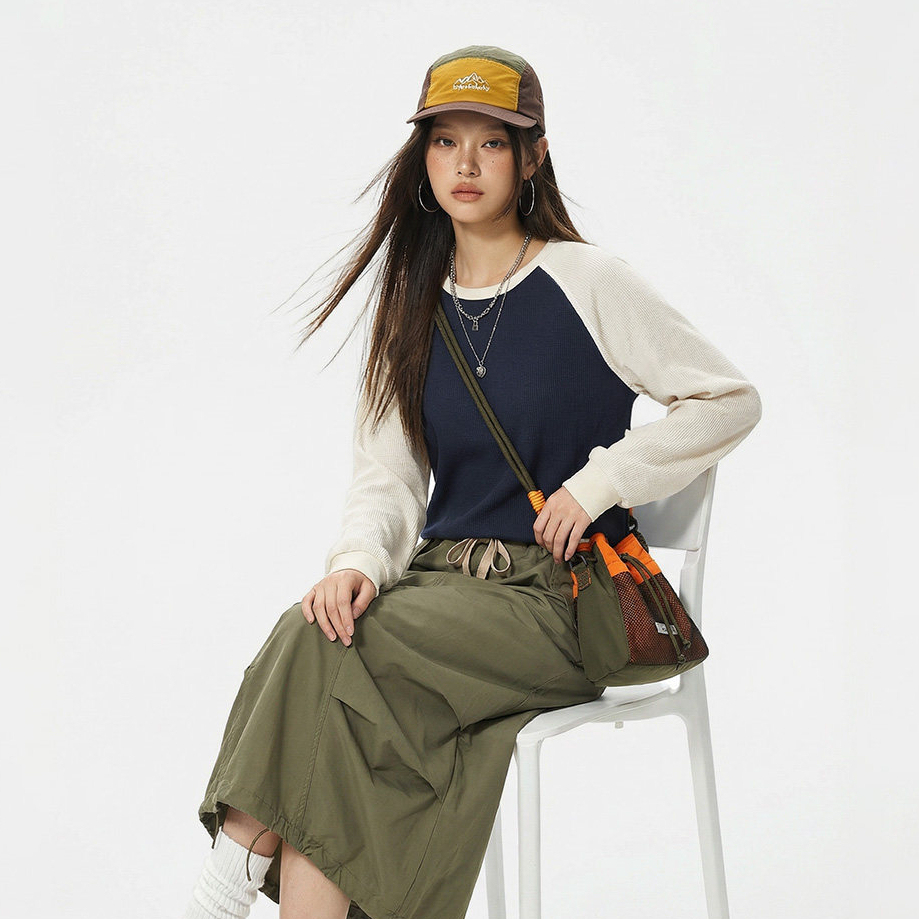 美式復古華夫格圓領藍白撞色無帽長袖t恤打底衫內搭衛衣女春