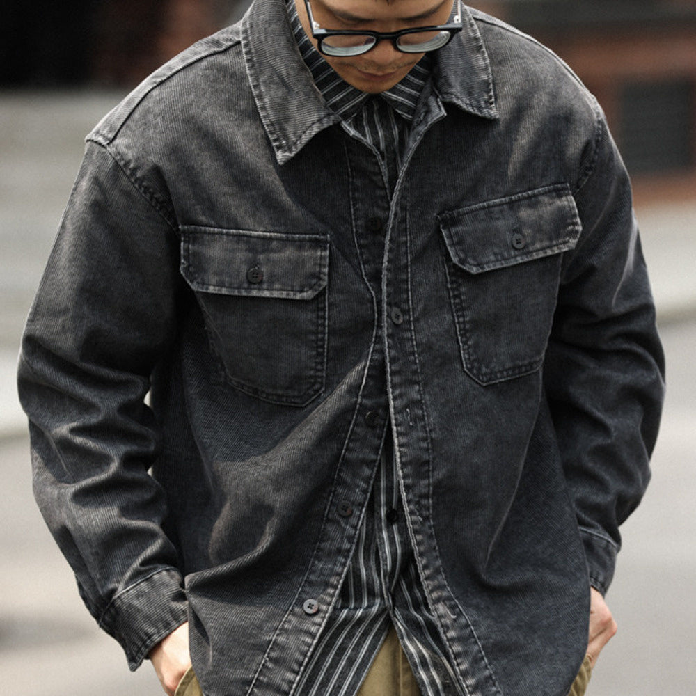 美式休閒水洗長袖燈芯絨襯衣男疊穿外搭16坑條絨肌理感襯衫-Retro's Wear