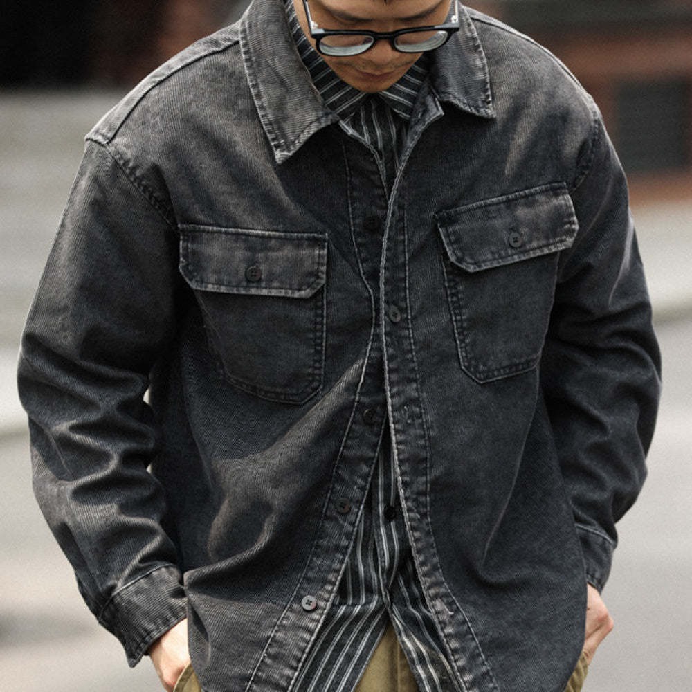 美式休閒水洗長袖燈芯絨襯衣男疊穿外搭16坑條絨肌理感襯衫-Retro's Wear