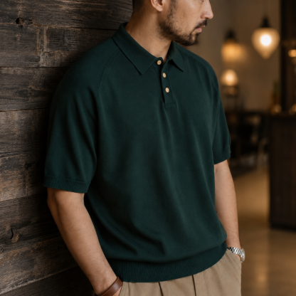 阿美哢嘰意式馬球針織衫男士純色束腰翻領短袖POLO衫