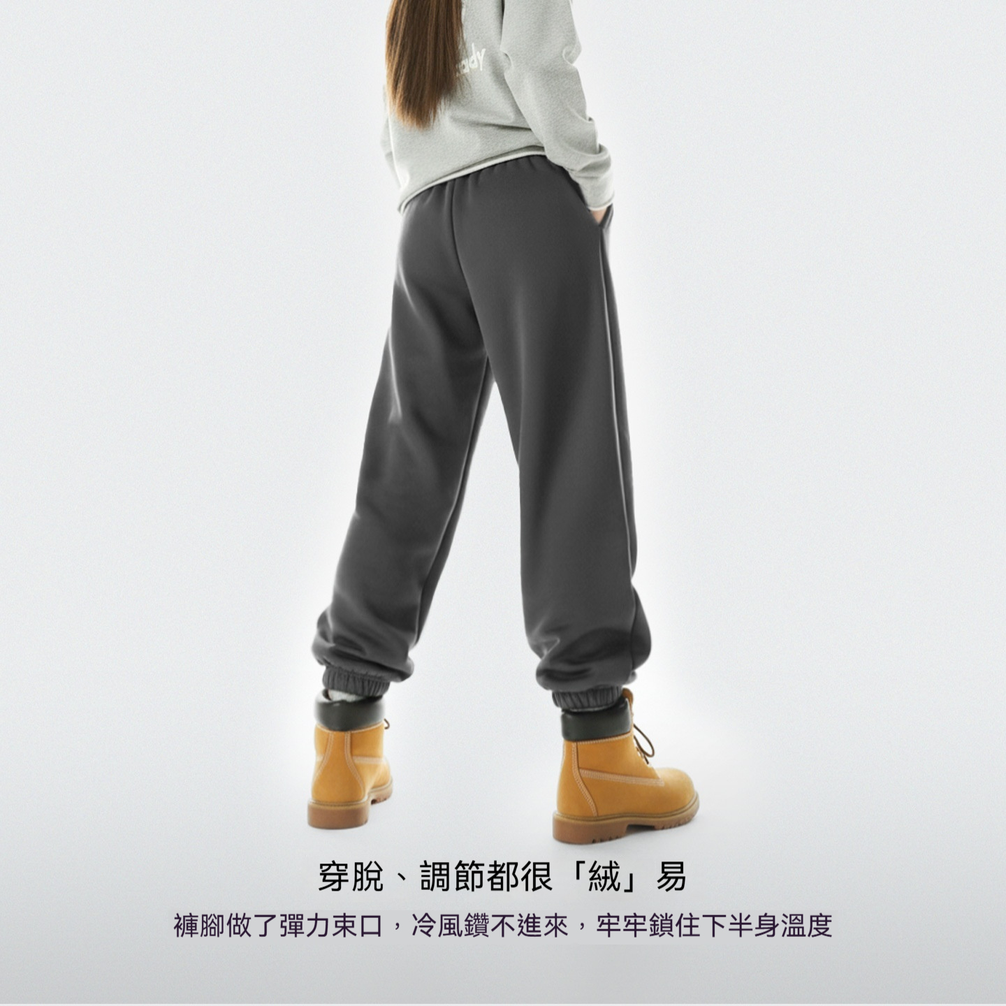 深灰色針織加絨厚保暖衛褲抽繩收口束脚休閒直筒長褲子女士冬