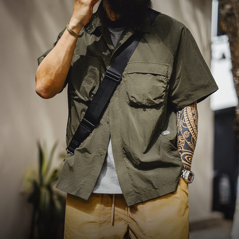 山系戶外短袖襯衫速幹黃色肌理感薄款日系口袋襯衣男款夏