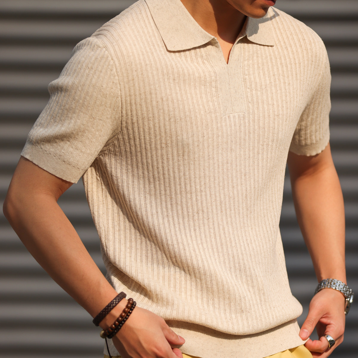 萊賽爾亞麻短袖V領Polo衫男意式老錢簡約翻領針織T恤夏