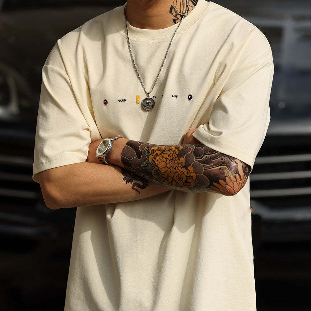 美式休閒刺繡短袖T恤男寬鬆簡約圓領親膚落肩袖打底TEE