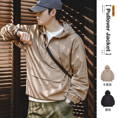 山系戶外半拉鍊連帽夾克衛衣運動風寬鬆休閒套頭外套男春-Retro's Wear