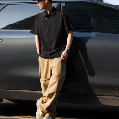 美式休閒凉感速幹POLO衫男寬鬆抗皺豎紋肌理翻領短袖T恤