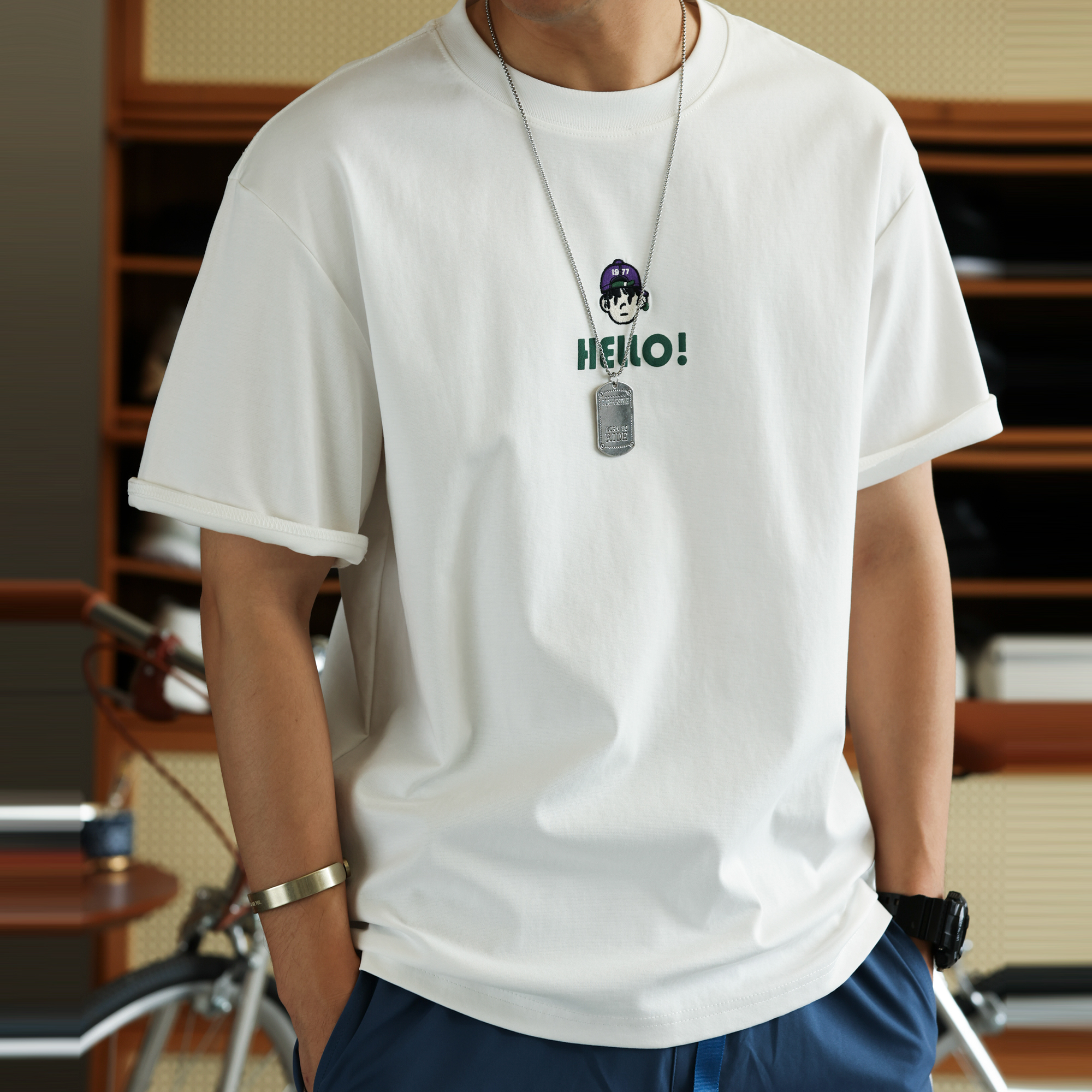 美式休閒重工刺繡短袖T恤男夏季艺文青年貼布印花打底衫