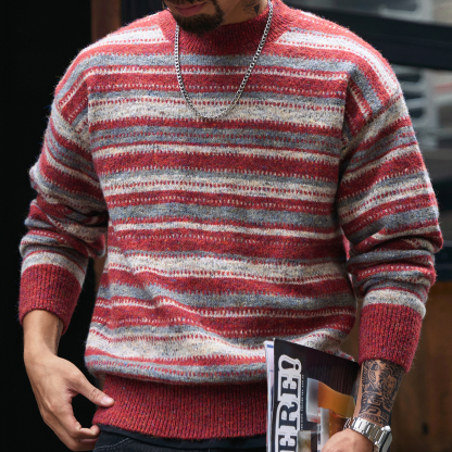 慵懶風撞色條紋圓領毛衣男2025冬季新款寬鬆復古加厚保暖針織衫