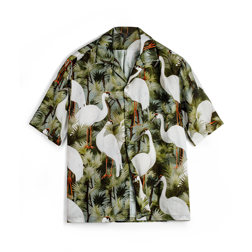 復古港風仙鶴花襯衫古巴領浮世繪天絲夏威夷短袖襯衣男夏