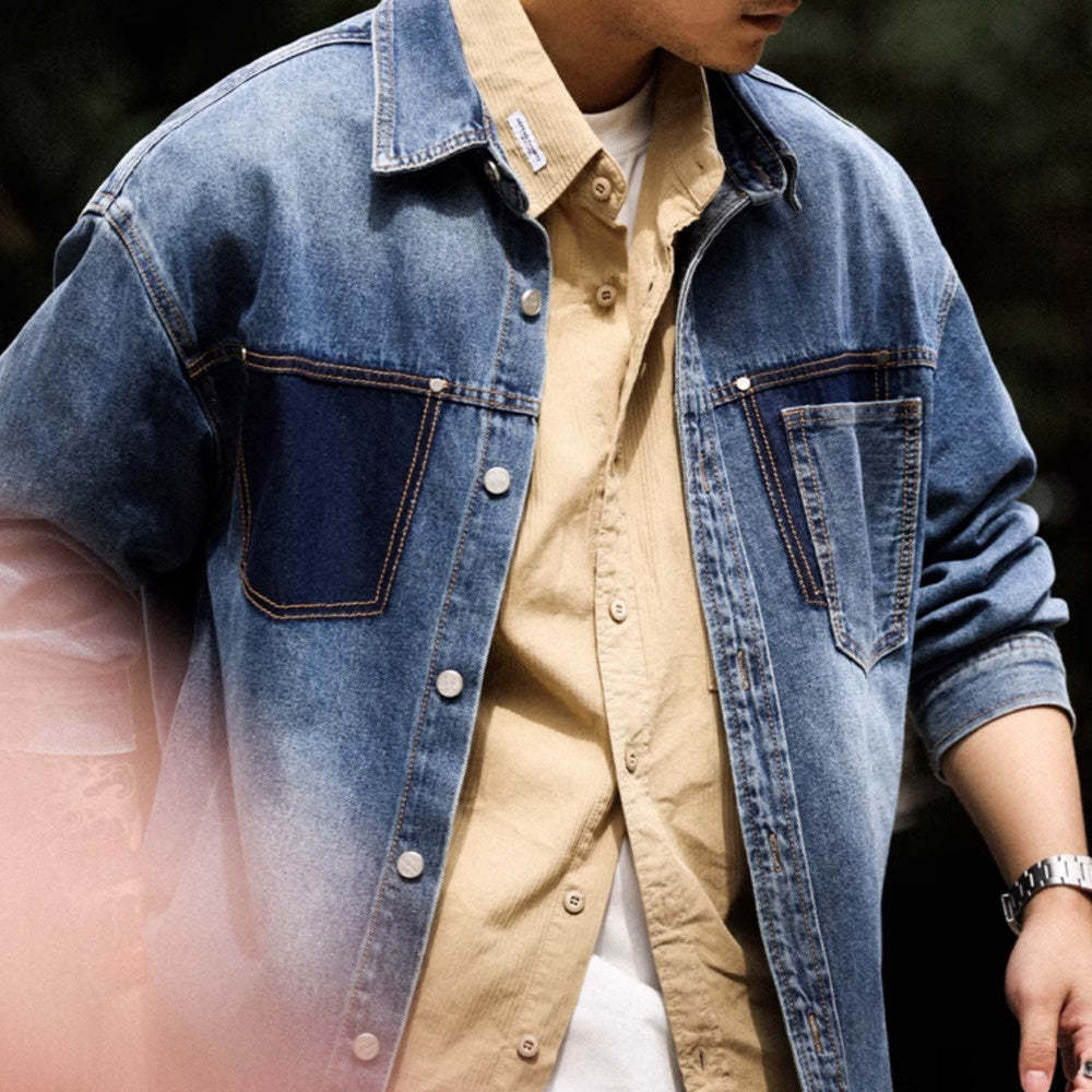 美式復古重磅牛仔襯衫男寬鬆撞色口袋設計高級感長袖夾克外套-Retro's Wear