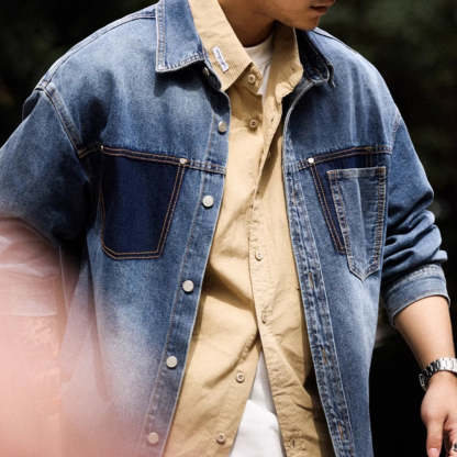 美式復古重磅牛仔襯衫男寬鬆撞色口袋設計高級感長袖夾克外套-Retro's Wear