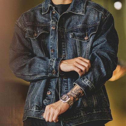 美式復古水洗藍色牛仔外套男2025秋季新款阿美哢嘰寬鬆工裝夾克