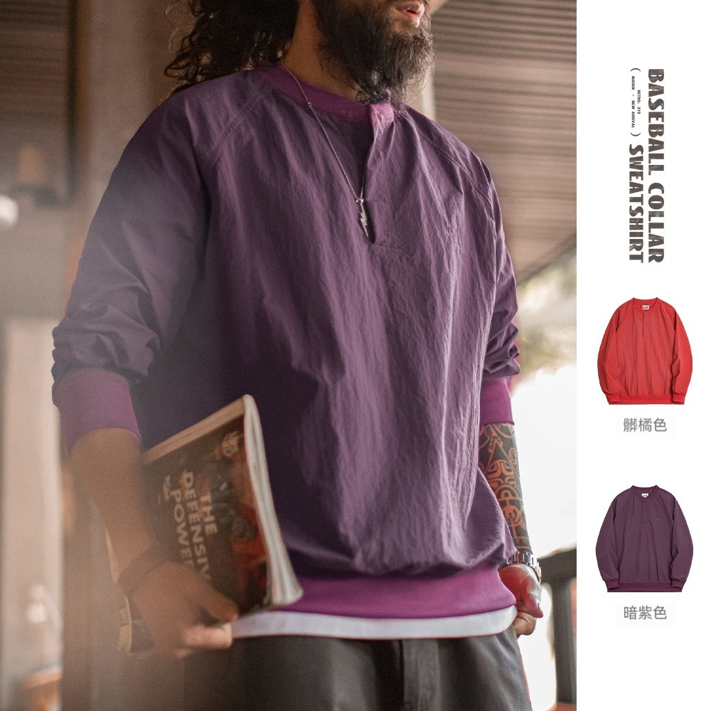 美式復古棒球領衛衣新年紅色上衣寬鬆套頭衫圓領T恤男春