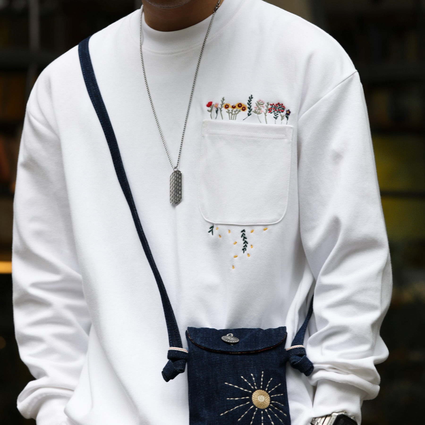 美式休閒手工刺繡長袖T恤男寬鬆口袋設計300g小領口衛衣