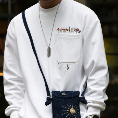 美式休閒手工刺繡長袖T恤男寬鬆口袋設計300g小領口衛衣