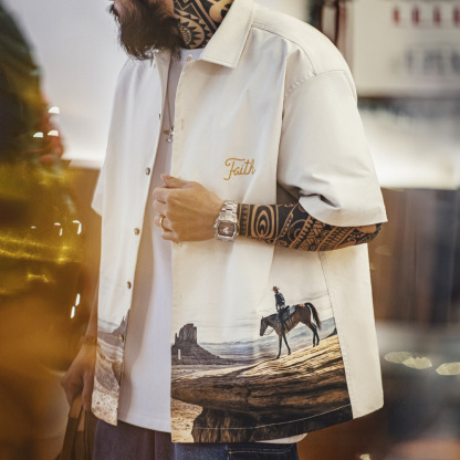 美式復古紀念碑穀古巴領襯衫短袖印花vintage襯衣男春夏