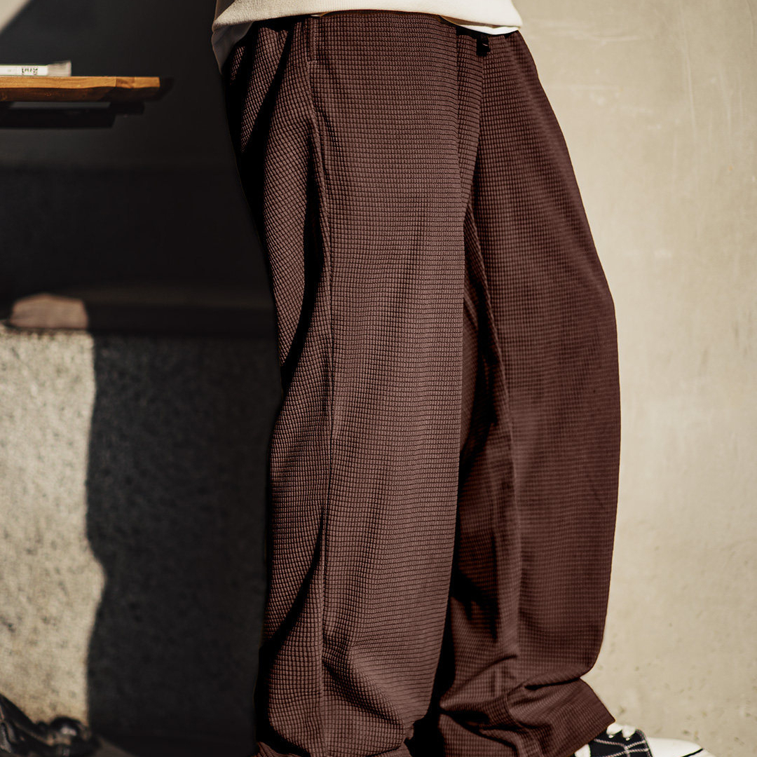 美式方格黃色玉米絨休閒褲直筒抽繩束脚寬鬆長褲子男款春