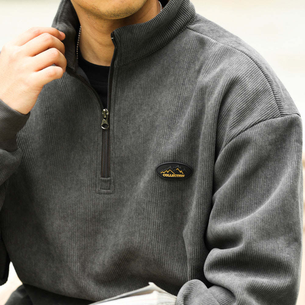 美式復古半拉鍊立領燈芯絨衛衣男加絨保暖cleanfit上衣外套-Retro's Wear