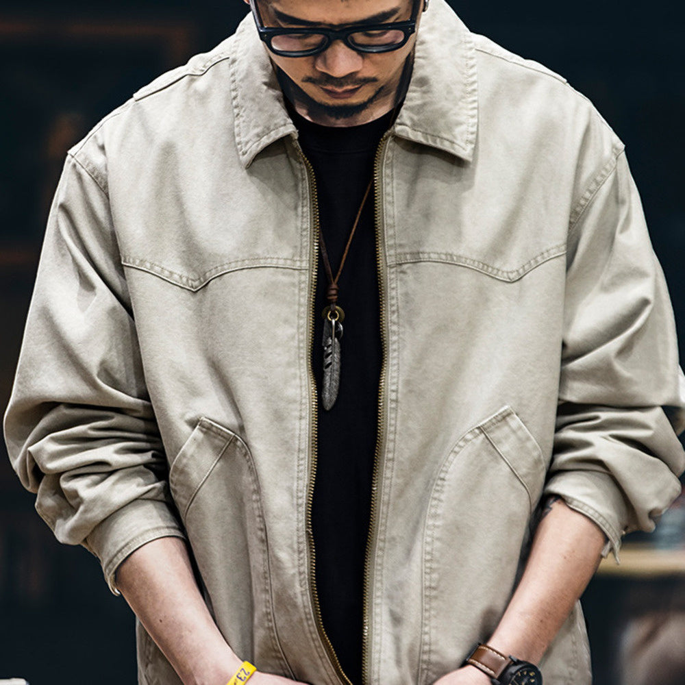 30g純棉重磅帆布復古夾克男春季2025新款美式做舊翻領機車外套男