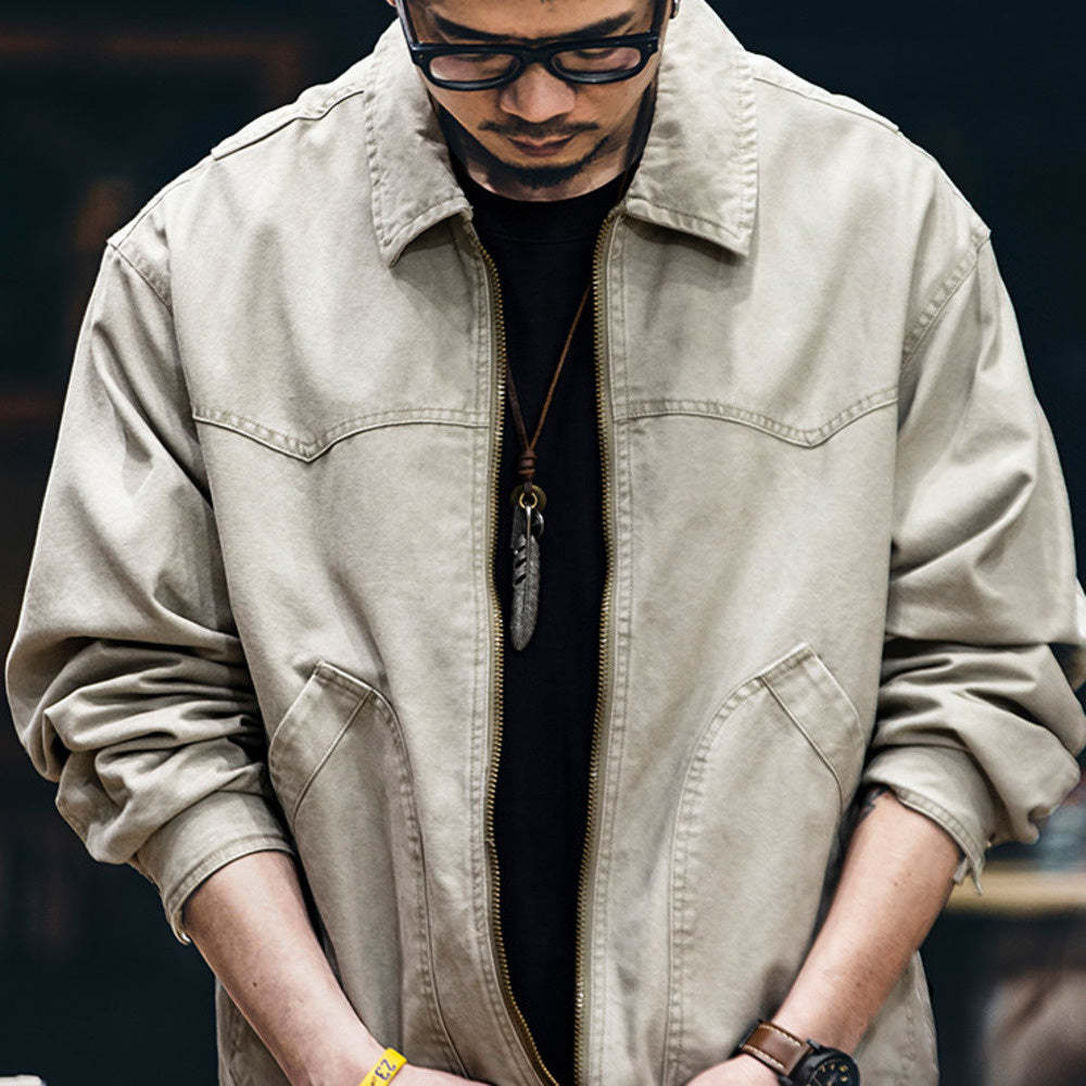 30g純棉重磅帆布復古夾克男春季2025新款美式做舊翻領機車外套男