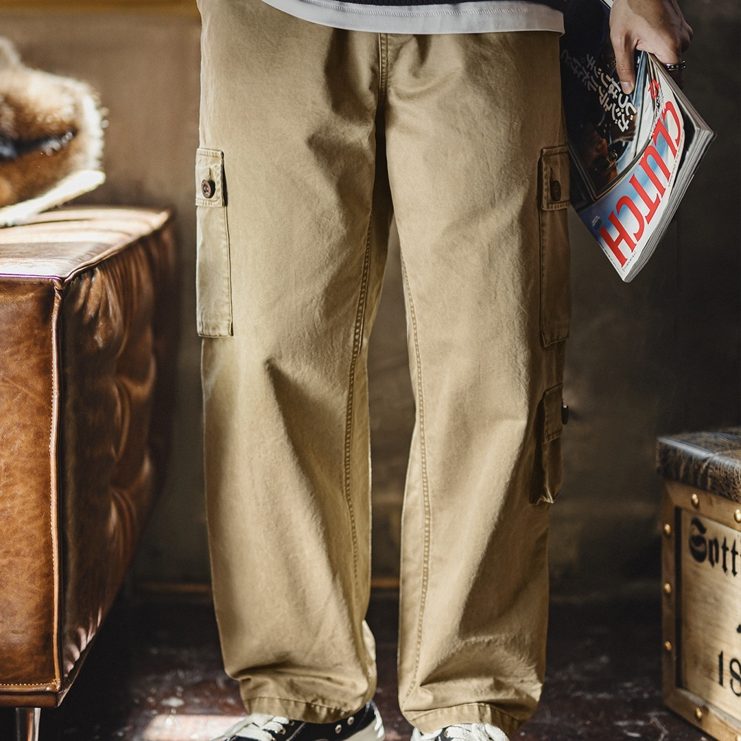 美式復古m51卡其色多口袋休閒褲水洗做舊直筒長褲子男秋