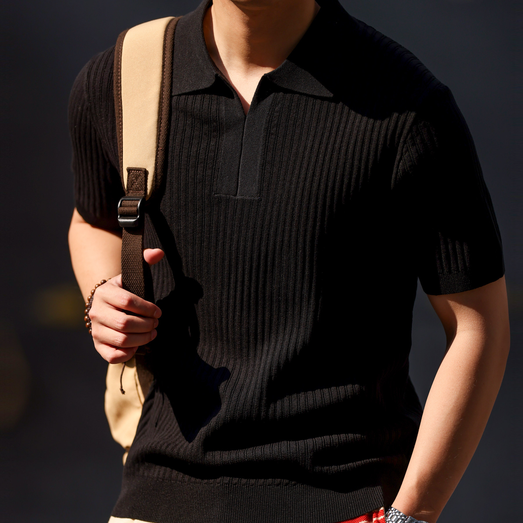 萊賽爾亞麻短袖V領Polo衫男意式老錢簡約翻領針織T恤夏