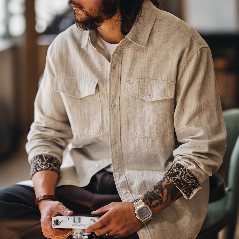 美式復古亞麻混紡輕薄男士襯衫外套寬鬆春季款工裝長袖襯衣
