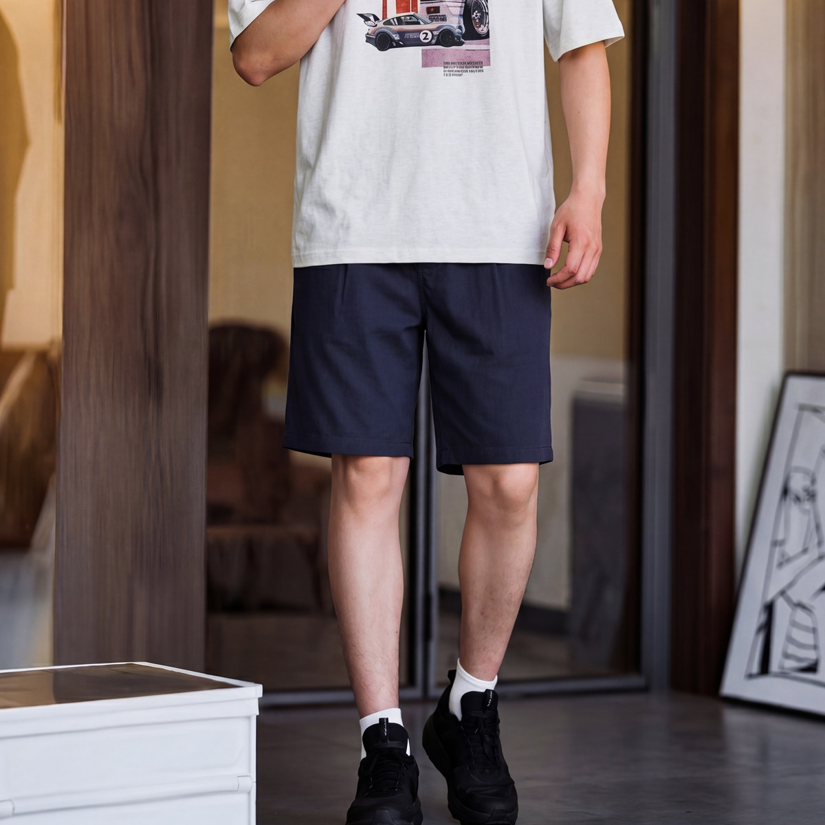 萊賽爾亞麻夏季透氣百搭休閒短褲男士寬鬆直筒五分褲
