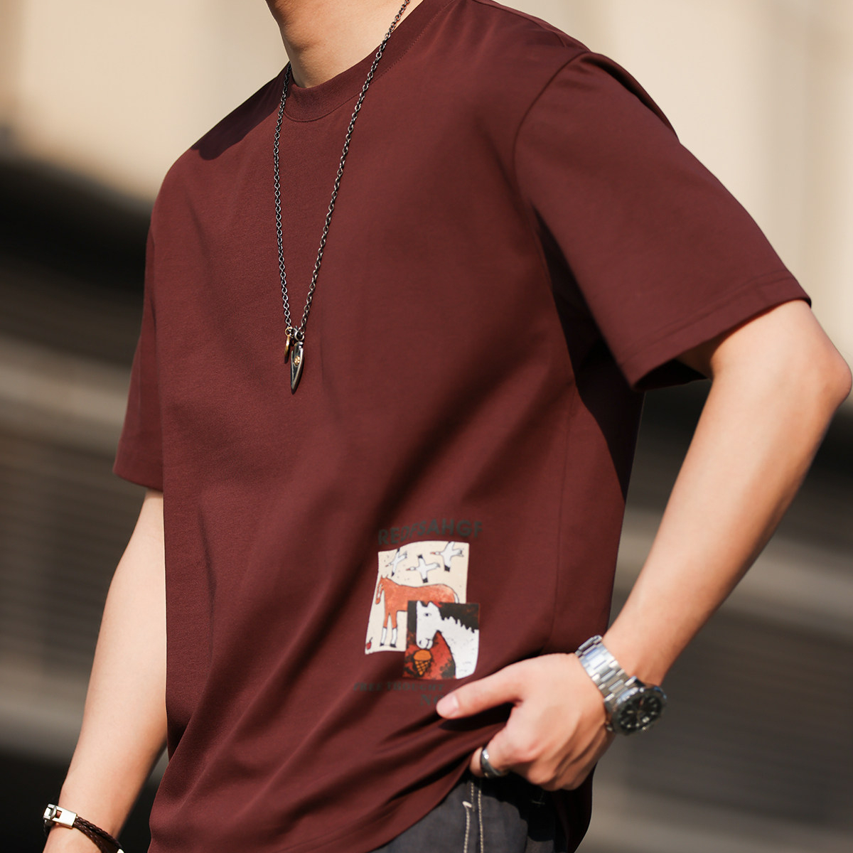 馬年定番趣味印花圓領T恤男美式休閒微寬凉感短袖打底衫