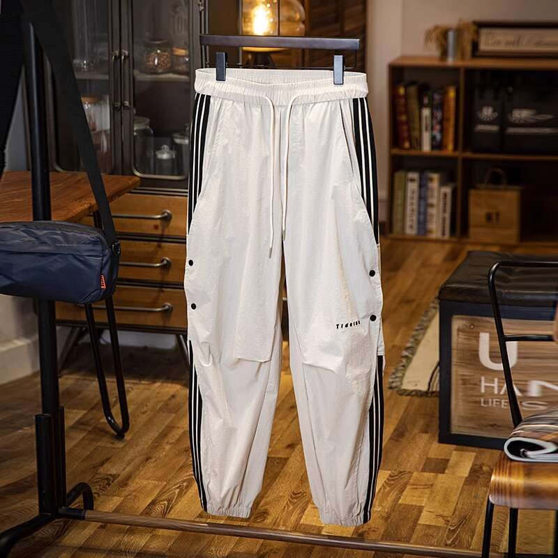 美式拼接條紋工裝束脚休閒褲男春夏2025新款彈力速幹運動褲子薄款
