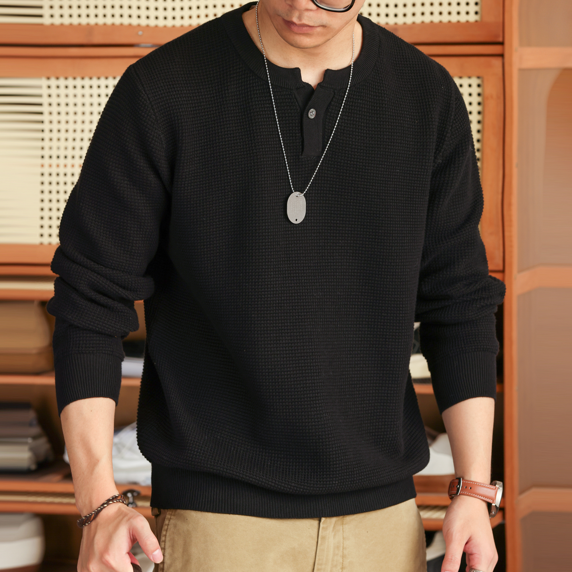 美式新貴亨利領長袖針織衫男細針花紗復古休閒內搭T恤秋