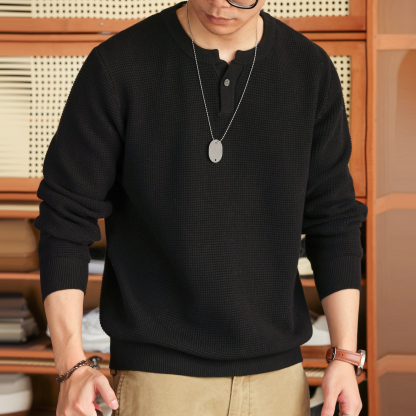 美式新貴亨利領長袖針織衫男細針花紗復古休閒內搭T恤秋