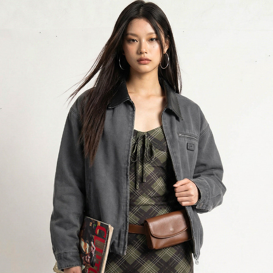 美式格雷系寬鬆撞色翻領底特律獵裝工裝夾克短外套上衣女士春