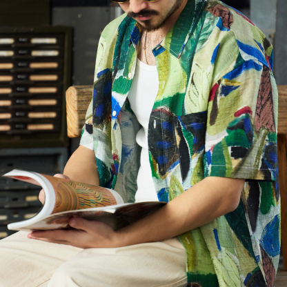 美式休閒110g夏威夷塗鴉花襯衫男夏日沙灘度假短袖襯衣