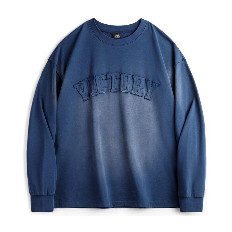 美式復古字母貼布衛衣漸變色水洗做舊寬鬆圓領T恤男春季