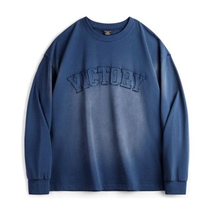 美式復古字母貼布衛衣漸變色水洗做舊寬鬆圓領T恤男春季