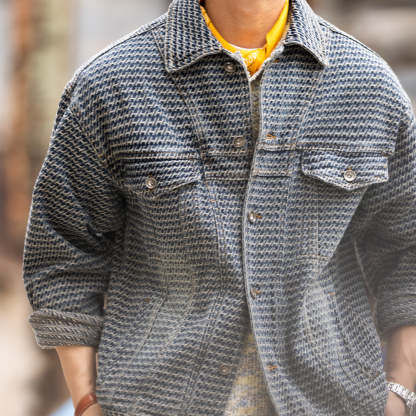 法式復古滿提花牛仔夾克男cityboy休閒高級感水洗外套秋-Retro's Wear