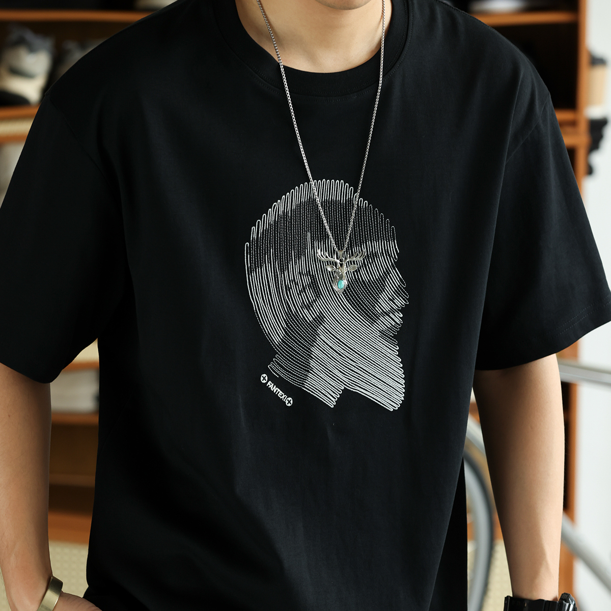 美式休閒人物線條刺繡短袖T恤男寬鬆250g棉混紡打底衫夏