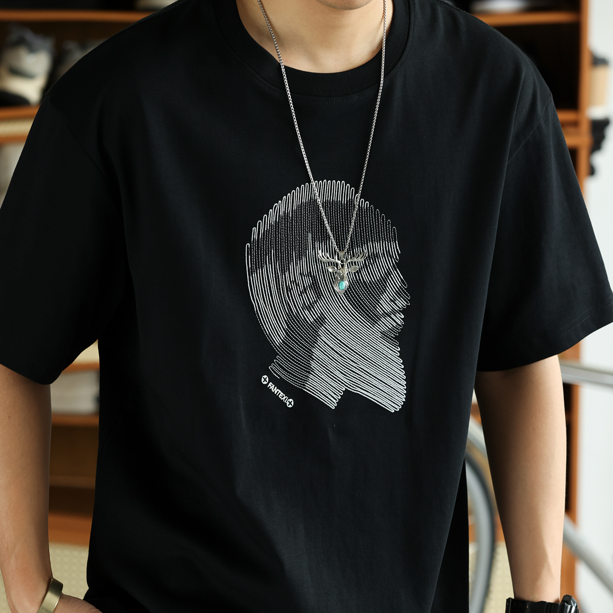 美式休閒人物線條刺繡短袖T恤男寬鬆250g棉混紡打底衫夏