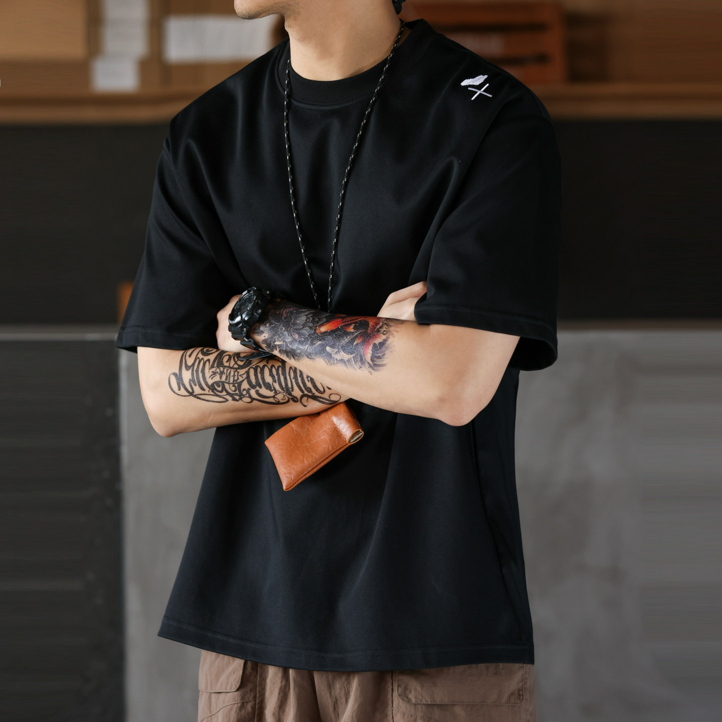 美式休閒愛心刺繡短袖T恤男寬鬆落肩袖簡約圓領打底TEE