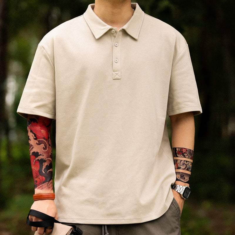 美式休閒肌理感短袖POLO衫男士寬鬆翻領重磅260G高級感T恤夏-Retro's Wear