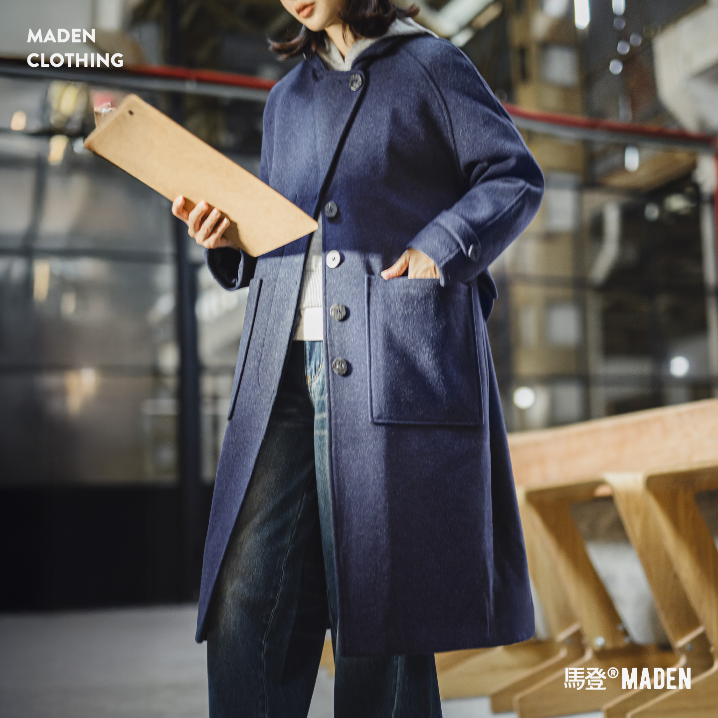 藍色單排扣翻領中長款收腰加厚保暖毛呢呢子大衣外套女士秋冬