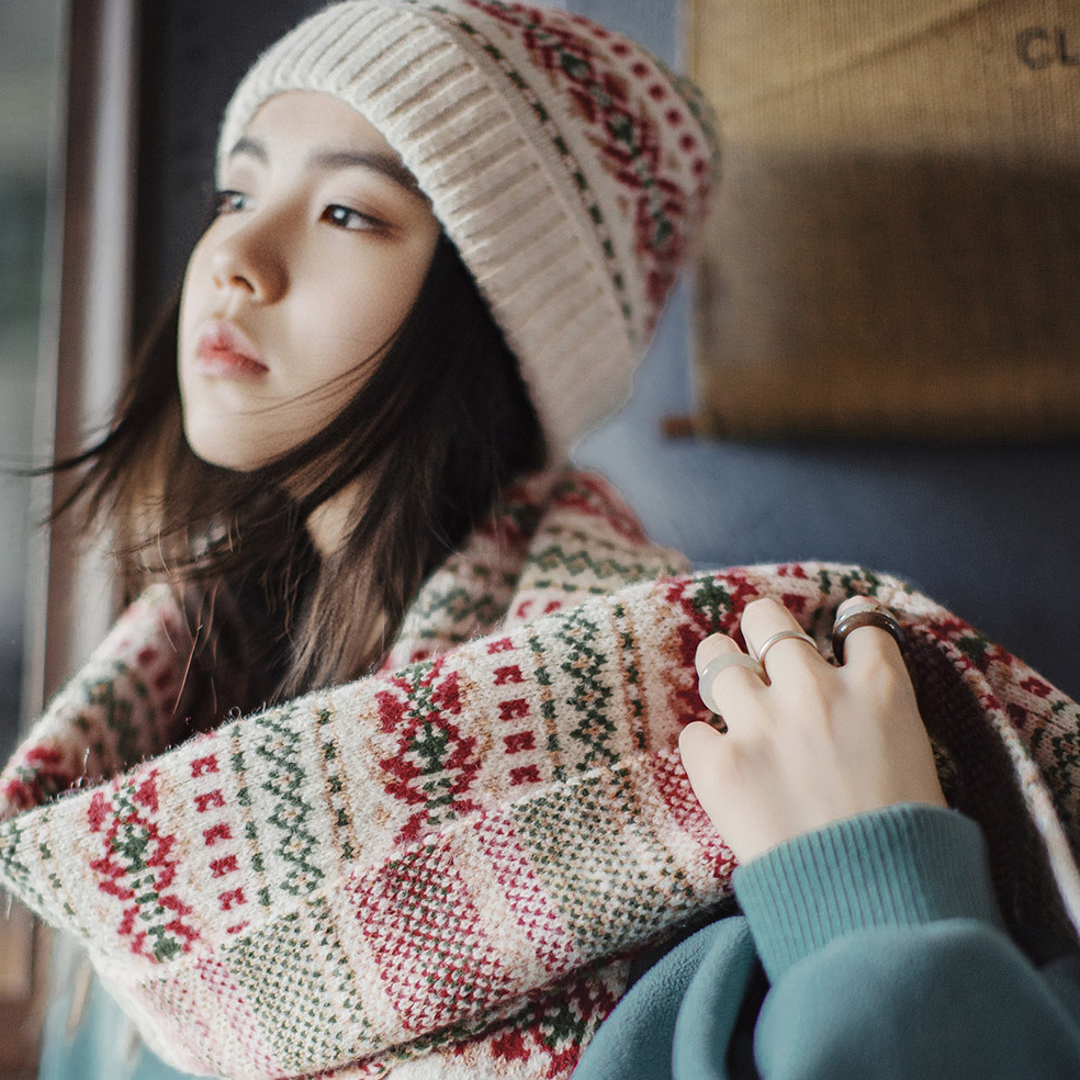 美式復古費爾島風針織圍巾加厚保暖毛線帽子情侶秋冬