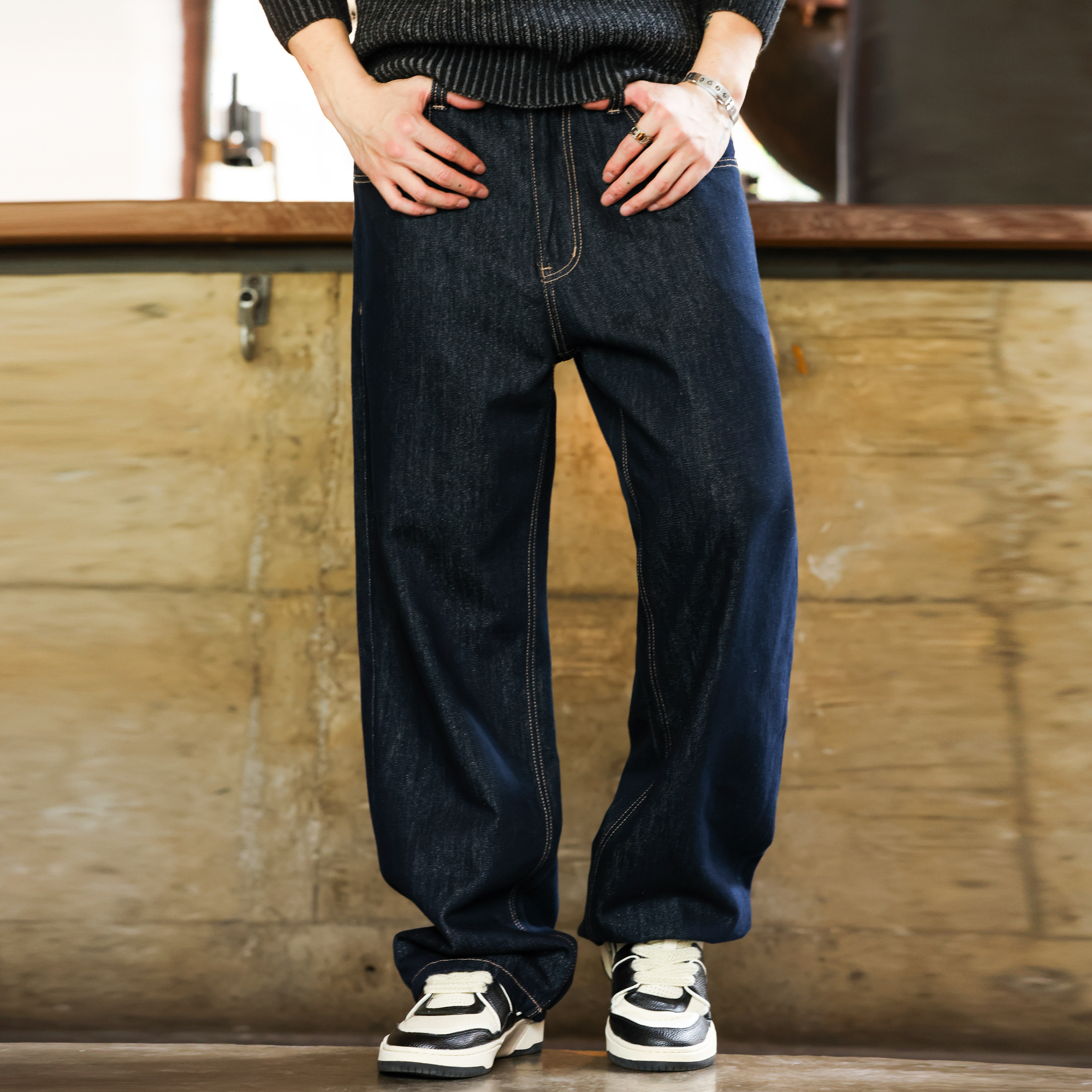 美式復古11盎司丹寧原色牛仔褲男寬鬆銀閃藍直筒長褲子